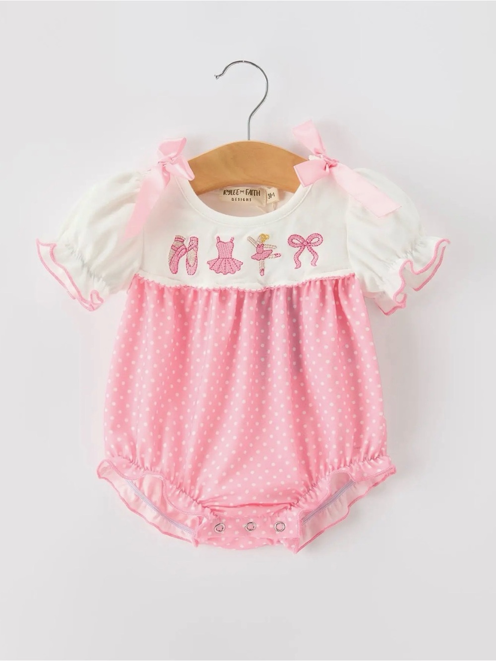 Rylee Faith Pink Ballet Embroidery Bow Bubble Romper
